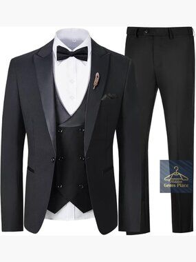 3 Piece Slim Fit Suit Set Blazer Vest Pants Plus Bow Tie Brooch
